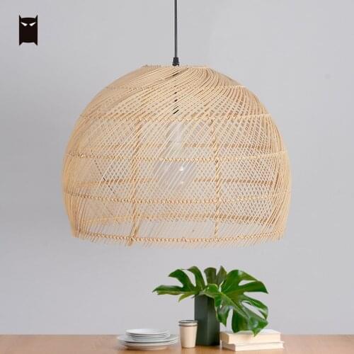 Hand Weaving Wicker Rattan Hemisphere Shade Pendant Light Fixture Asian Rustic Country Japanese Hanging Ceiling Lamp Farmhouse