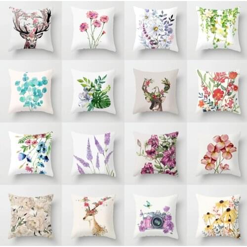 Nordic Floral Pillows Case Flowers Reindeer Lavender Print Simple White Cushions Case Livingroom Decor Christmas Throw Pillows