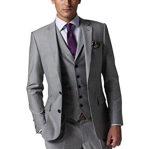 3 Pieces Custom Made Groom Tuxedos Light Grey Groomsmen Side Vent Best Man Suit Wedding Men Suits (Jacket+Pants+Tie Vest