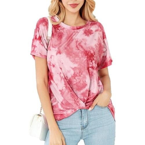 Tie Dye T-shirt Women Stylish O Neck Short Sleeve t shirt Tie Dye Crossing Hem Loose T-shirt Beach Top woman tshirts футболка