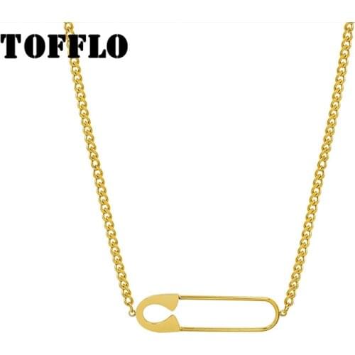 TOFFLO Stainless Steel Jewelry Exaggerated Pin Pendant Necklace Women Hip Hop Fashion Clavicle Chain BSP928