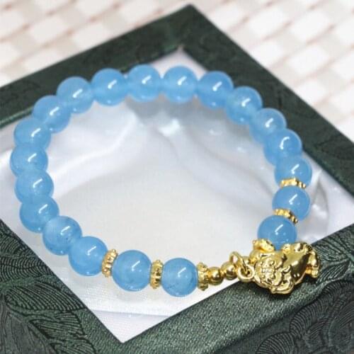 Unique design 8mm blue stone jades stone chalcedony strand bracelet stone round beads charms elegant women jewelry 7.5inch B2037