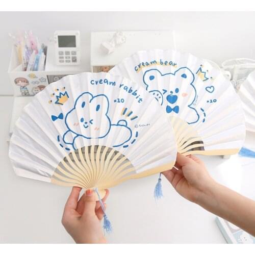 Bear and rabbit pattern fan wooden tassels cute cartoon girl heart folding fan summer group fan childrens hand fan cool summer