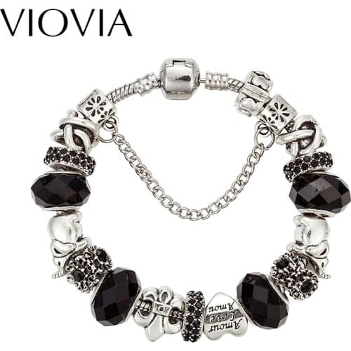 VIOVIA Crystal Beads Charms Bracelets For Women Vintage Silver Color Pendant Chain Link Bracelet Female Gifts Wholesale B16120