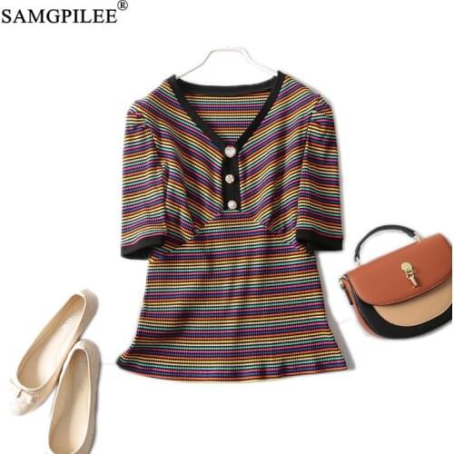 Summer T-shirts For Women 2021 New Casual Short Sleeve Button Striped V-neck Striped Slim Plus Size Spring Tshirt Woman 4XL