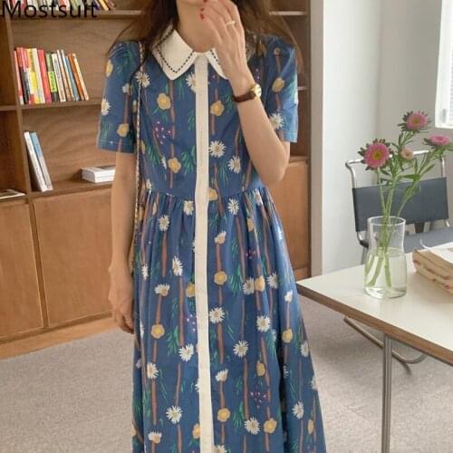 Korean Vintage Floral Printed Women Dress Summer Short Sleeve Turn-down Collar Single Breasted Shirt Dresses Vestidos 2021