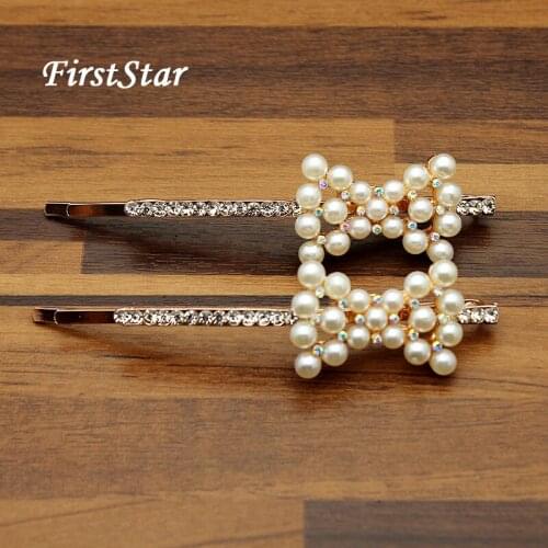 1 Pair FirstStar Pearl Hair Bow Clip Rhinestone Crystal Barrette For Women Prom Hair Accessories Pageant Head Jewelry