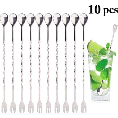 10 Pcs/Set Long Handle Coffee Stirring Spoon Stainless Steel Spiral Pattern Milk Tea Mixing Spoon Bar Cocktail Drink Shaker