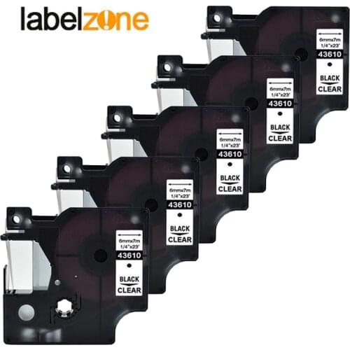 5Pack 43610 6mm*7m black on clear compatible Dymo D1 6mm label printers D1 43610 for dymo label manager LM160 LM280 label maker