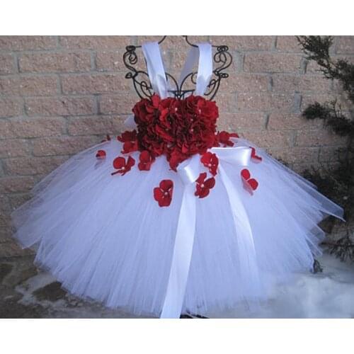 Girls White Tutu Dress Kids Tulle Dress with Red Petals Flower and Ribbon Bow Children Birthday Bridal Wedding Costume Dresses