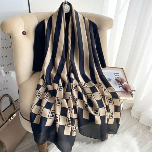 New Black and White Long Silk Scarf with Striped Letters Womens Fashion Silk Scarf Travel Sunscreen Turban Foulard Bandana Gift