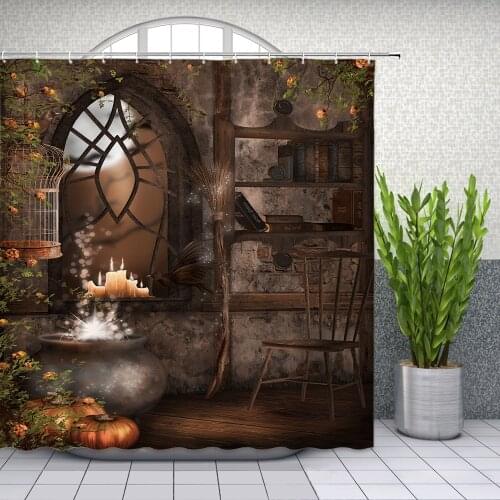 Halloween Shower Curtains Dilapidated House Crow Broom Bookshelf Pumpkin Vine Plant Flower Holiday Bathroom Decor Curtain Set