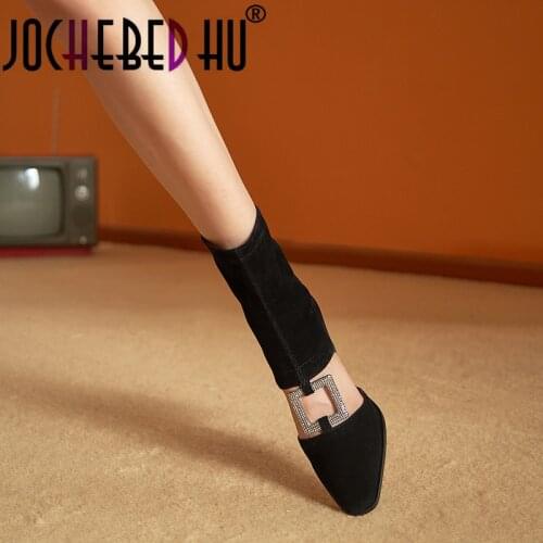 【JOCHEBED HE】2021 Womens Pointed The Knee Boots Cut Out Rhinestones Square Circle Buckle High Heel Shoes Real Leather Black