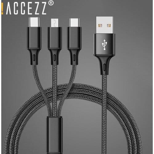 !ACCEZZ 3 in 1 Nylon Micro USB Type-C Lighting Charge Cables 8 Pin For iPhone 7 8 6 Plus Xiaomi LG Universal Fast Charging Cable