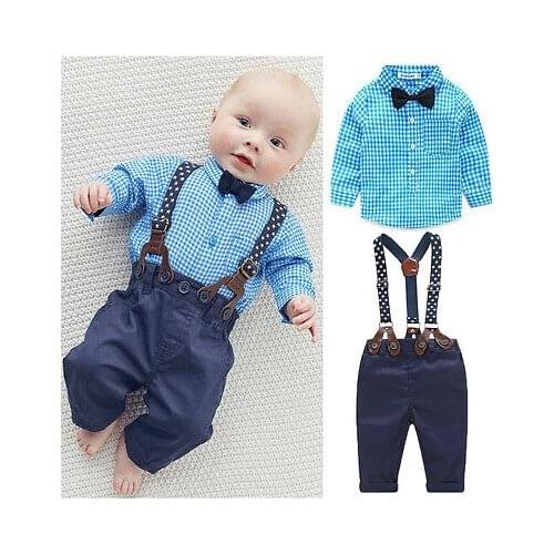 New Infant Newborn Toddler Baby Boy Bow Tie Plaid Blue Shirt Suspender Pants Trousers Boys Gentleman Outfits Clothes Set