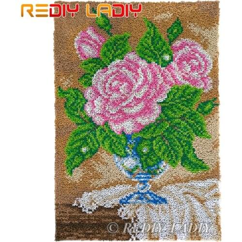 Latch Hook Kit Pink Flowers Vase Chunky Yarn Embroidery Crochet Tapestry Kits Needlework Hobbies & Crafts DIY Carpet Rug 58*85cm