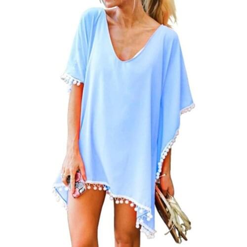70% Hot Sell Beach Dress Solid Color Tassel Women Round Neck Short Sleeve Cover Up Top for Beach