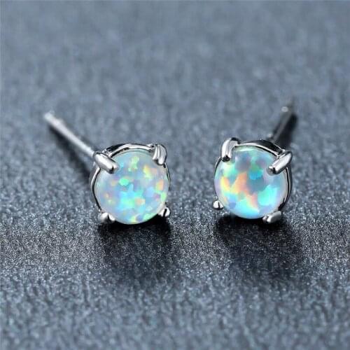 Cute Female White Opal Small Earrings Classic Silver Color Stud Earrings Simple Bride Round Wedding Earrings For Women
