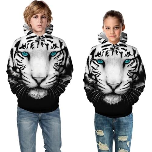Boy Girl Fashion 3D Sweatshirt Children Black White Tiger Animal Design Harajuku Hoodies Kids Casual Pullovers With Pocket Tops