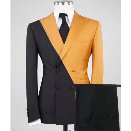 2021 Double Breasted Black Gold Jacket Pant Men Wedding Suits Groom Tuxedo Groomsmen Suits Peaked Lapel Wedding Suits for Men