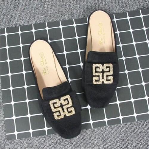 Square Toe Flock Mules Women Flats no back heel lazy half slipper Elegant Beauty Classics Mature Retro Flat Mules Big Size 43 44
