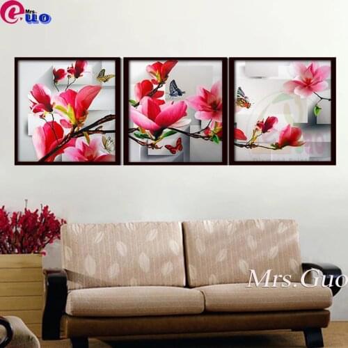 Diy 5d Diamond Painting Embroidery 3 pcs Wall Art Pink Triptych Magnolia Flower Butterflies Painting For Living Room Home Decor