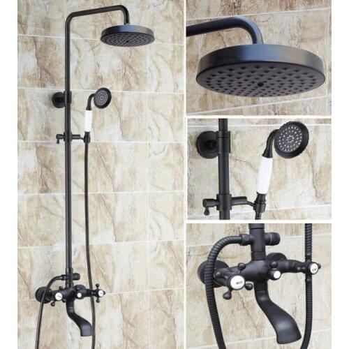 Black Oil Rubbed Brass Wall Mount 7.7" Rain Bathroom Rainfall Shower Faucet Set with Hand Spray Shower Head Tub Mixer Tap 2hg108