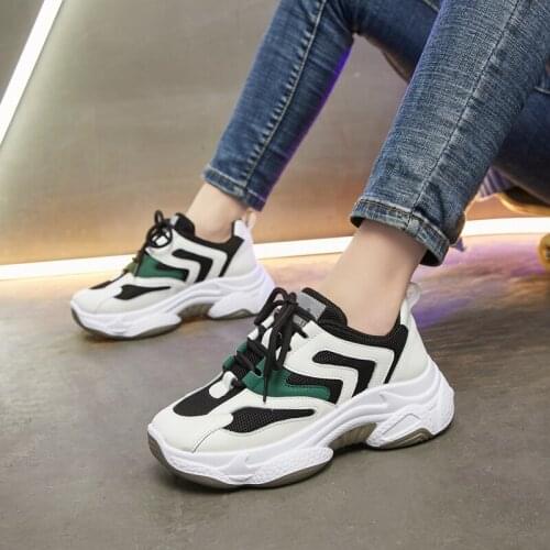2020 New Fashion Running Shoes Woman Breathable PU+Mesh Flats Female Platform Dad Sneakers Comfortable Thick Sole Sport Shoes