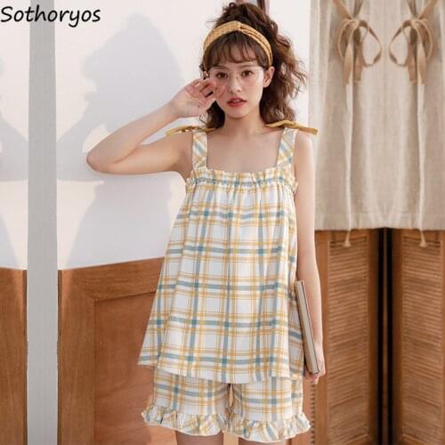 Pajama Sets Women Summer Causal Sleepwear Sleeveless Tops and Shorts Plaid Home Wear Loungewear Leisure Comfortable Female Suit