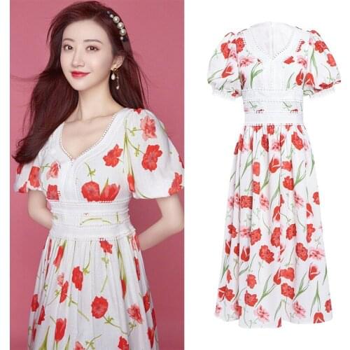 Floral Printed Dress Women Fashion Summer Dress for Vacation 2020 New V Neck Short Sleeve A-line Midi Dress Elegant robes