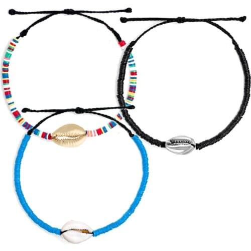 Silver gold Cowrie Sea shell Bracelet handmade Beach Summer women bohemian ethnic polymer vinyl Surfer heishi beads Bracelet men