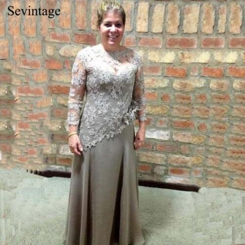 Sevintage 3/4 Sleeves Long Chiffon Mother of the Bride Dress Illusion Tulle Lace Wedding Party Mother Gowns vestido de madrinha