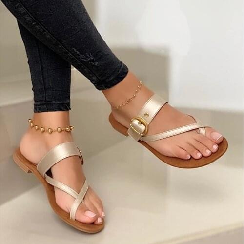 Women Summer Slippers Fashion Leather Buckle Flip Flops Solid Color Female Casual Flats Outside Wear Sandy Beach Plus Size Shoes
