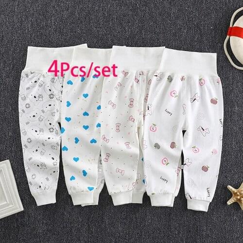 4pcs Newborn Baby Pants Cartoon Four Seasons New Born Baby High Waist Pant 100%Cotton Soft Baby Boys Girls Trousers Pants 0-24M