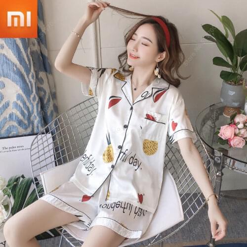 Xiaomi Women Summer Pajamas Short-sleeved Ice Silk Girl Cute Thin Loose Home Clothes Two-piece Suit Can Be V-neck Sleepwear