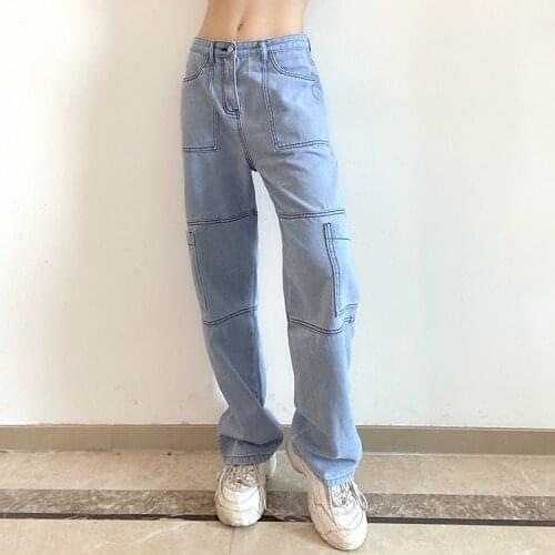 Women Pockets Patchwork Jeans Fashion High Waist Office Lady Solid Pants Y2K Fashion Loose Straight Denim Trousers Female P043