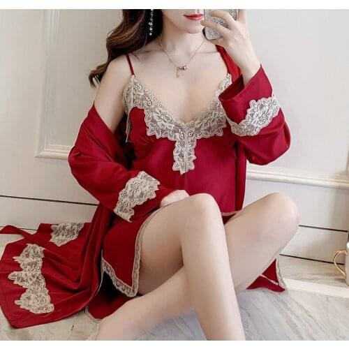 Womens Pajamas Satin Sleepwear 1 & 5 Pieces Pyjamas Sexy Lace Pajamas Sleep Lounge Pijama Silk Night Home Clothing Pajama Suit