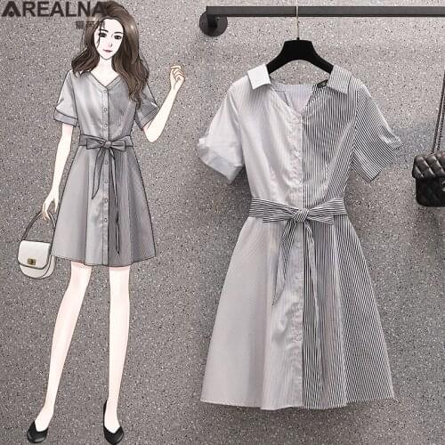 Plus size dresses for women 2021 Summer Korean fashion Striped patchwork dress short sleeve bow vintage office lady shirt dress