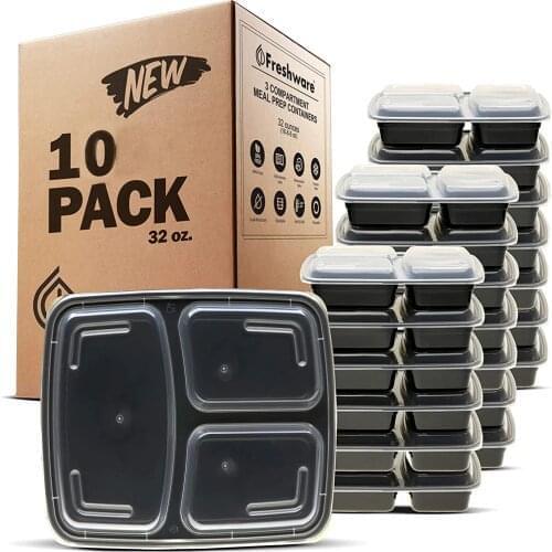 10Pcs Meal Prep food Containers Plastic Reusable Bento Box Storage Food Lunch Microwavable Home box 3 Compartment with Lids