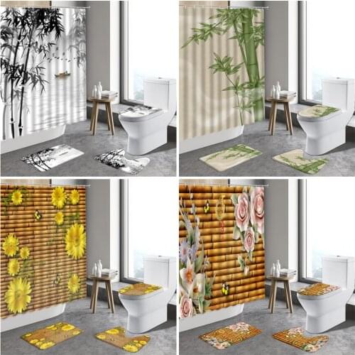 4pcst Chinese Style Bamboo Shower Curtain Ink Painting Green Bamboo Plant Flowers Anti-Slip Bath Mat Toilet Bathroom Decor Rugs