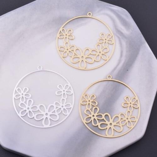 6pcs Diy Jewelry Light gold color Round Flower Charms Thin Pendant Silver Plated Earring Findings