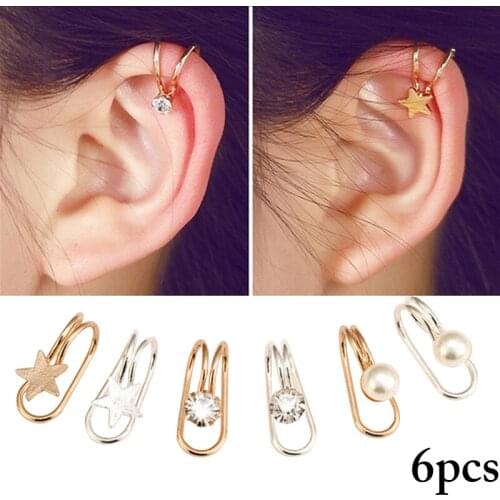 6PCS Clip Cartilage Earrings U-shape Creative Star Ear Cuff Faux Pearl Earrings No Piercing Fake Cartilage Earring Jewellery