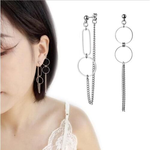 Korean Style Asymmetric Circle Drop Earrings Punk Long Chain Tassel Earrings Geometric Kpop Earrings Unisex for Women Men