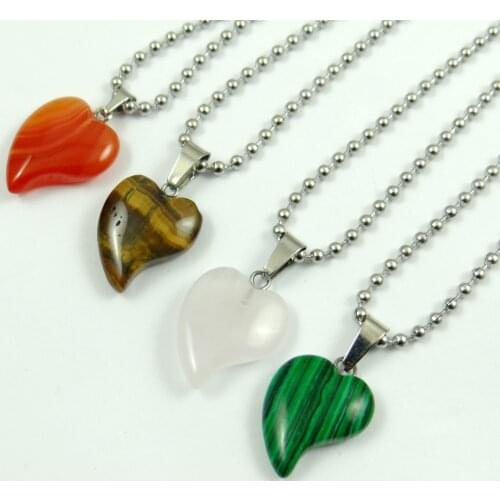 Natural stone tiger eye Pink Crystal lapis Opal heart Pendant stainless steel Chains Necklace for Women Fashion Jewelry making