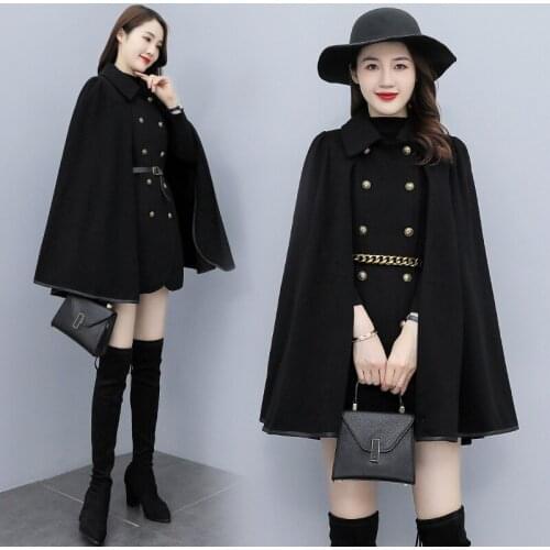 Double Breasted Mid-Length Loose Wool Jacket Womens Cape Poncho Korean Winter Coat Wool Turn Down Collar Fashion Outerwear