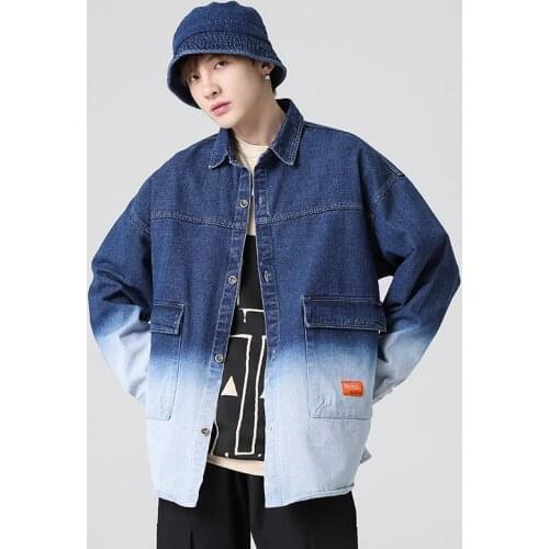 Spring Gradient Cotton Denim Shirt Mens Trend Loose Color Matching Mens Jacket Korean Style Slim Square Collar Shirt Men