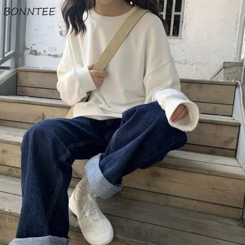 High Waist Jeans Women Straight Trousers Solid Casual Loose Thicken Plus Velvet Warm Simple Korean Style Female Blue Classic BF