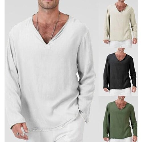 Autumn SpringV Neck Mens T Shirts Full Sleeves Linen Cotton Long Sleeve T-Shirt Men Gothic Hippie Clothing Loose Male T Shirt