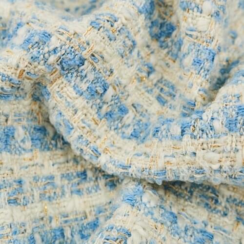 Sky Blue Gold Line Wool Tweed Fabric For Coat Skirt Telas Por Metro Tissus Au MÈTre Ткань Для Шитья Sewing By The Yard Tecido