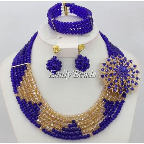 Christmas Gift African Royal Blue Crystal Beads Jewelry Sets Nigerian Wedding Costume Indian Bridal Neckalce Sets AIJ456